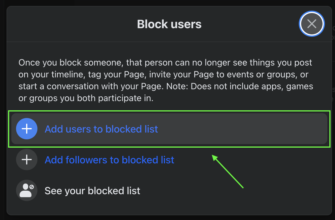 add users to your facebook business page's block list